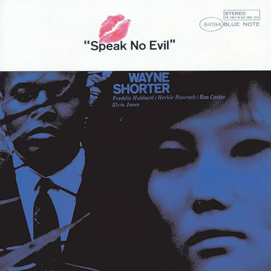 Vinyl record of Wayne Shorter’s “Speak No Evil” album, dark cover art.