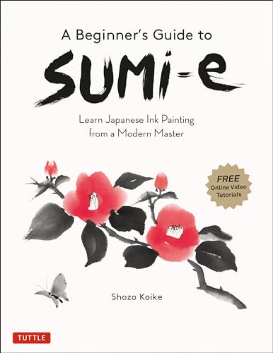 Book cover: “A Beginner’s Guide to Sumi-e” with red flower illustration.