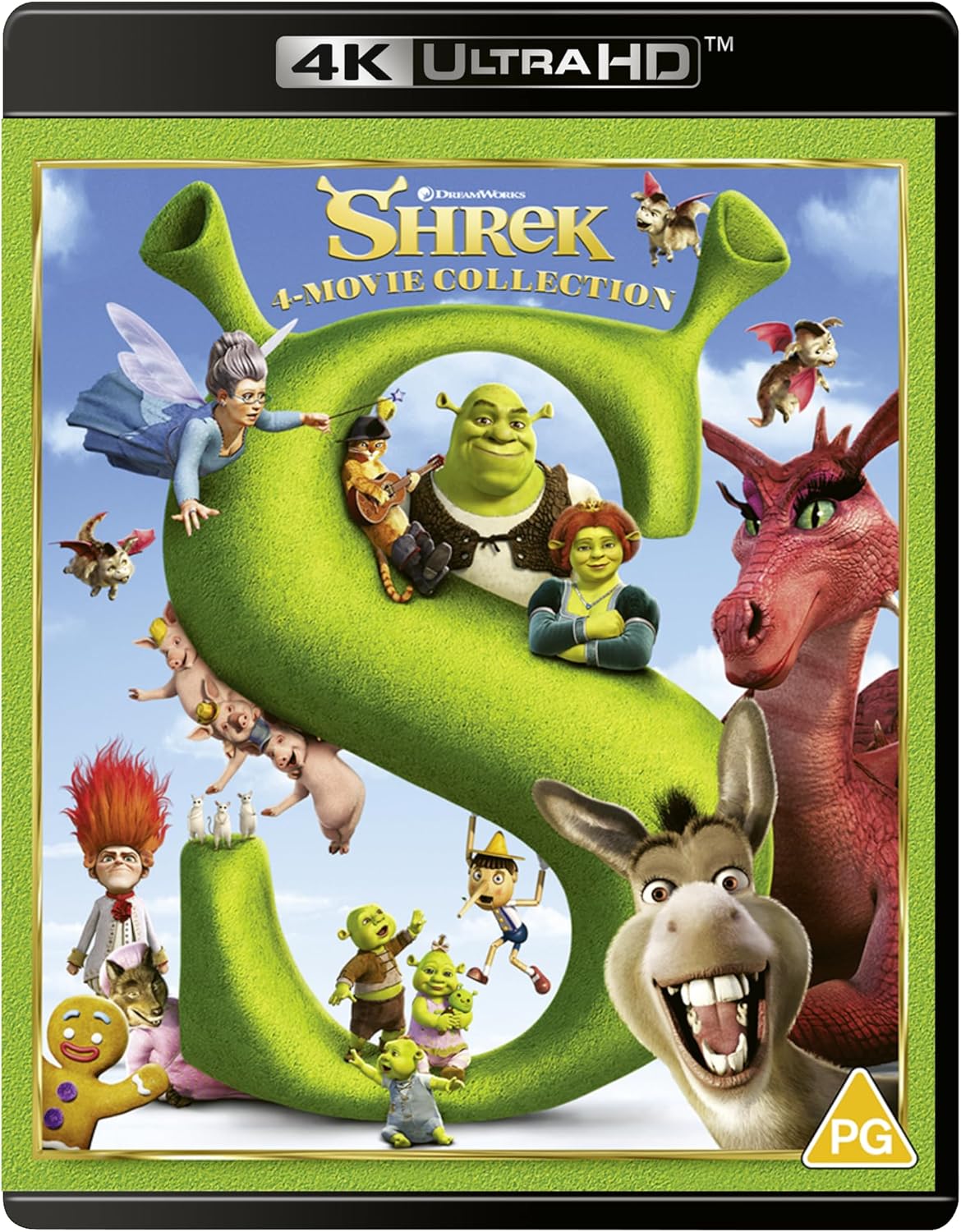 Shrek 4-movie collection 4K Ultra HD Blu-ray case featuring Shrek characters around a large S.