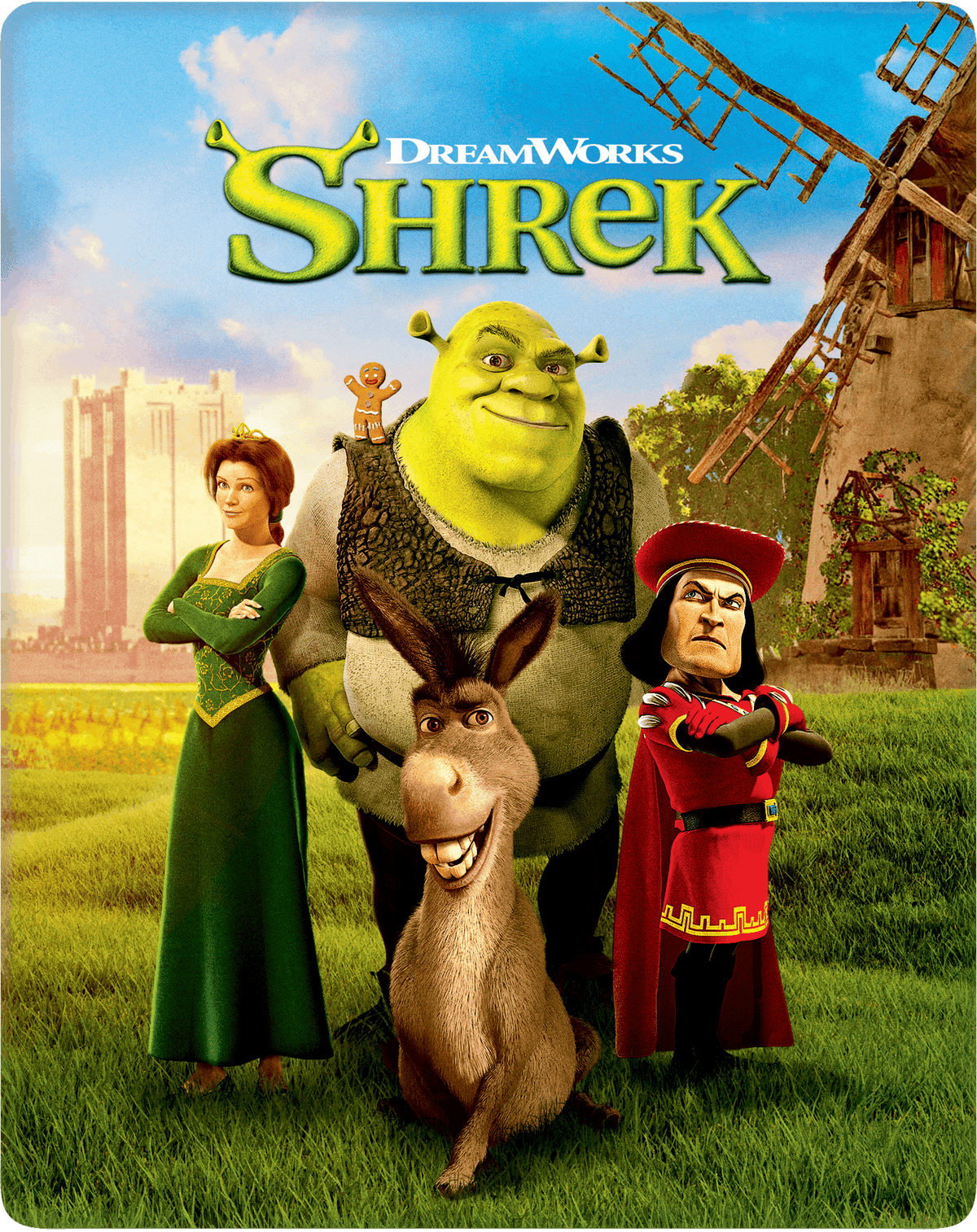 Shrek, Donkey, Fiona, and Lord Farquaad in a green landscape.