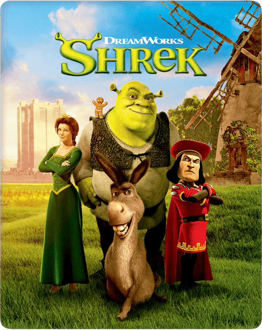 Shrek, Donkey, Fiona, and Lord Farquaad in a green landscape.