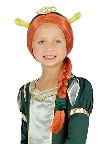 Girl wearing a long, braided red wig with green horns and tiara.