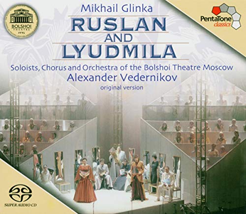 CD cover for Glinka’s “Ruslan and Lyudmila” opera, featuring stage imagery.