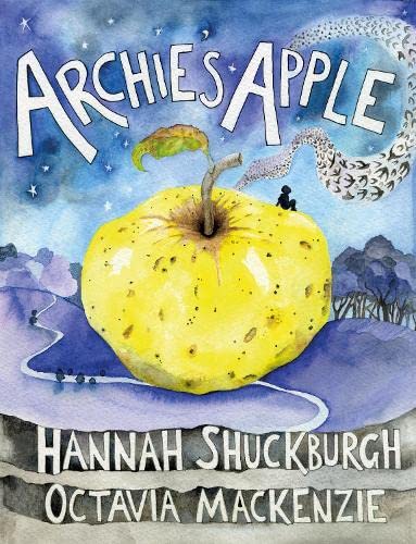 Watercolor illustration of a large yellow apple with a small figure on top.