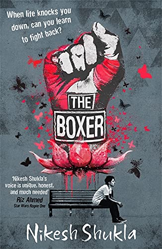 Book cover featuring a large red and white fist above a person on bench.
