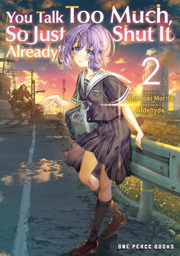 Anime girl in school uniform points forward on a city street.