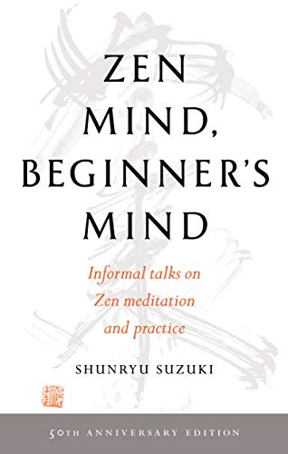 Book cover for Zen Mind, Beginner's Mind by Shunryu Suzuki with light calligraphy background.