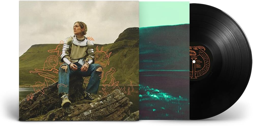 Person in armor sitting on a rock with line-art monsters and a black vinyl.