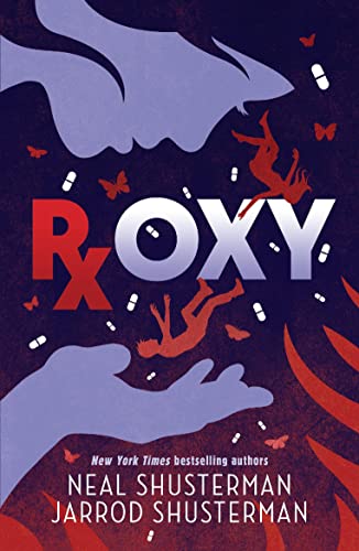 Book cover for “Roxy” with falling figures, pills, and large hands.