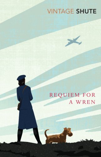 Book cover: woman, dog, and airplane against striped blue sky.