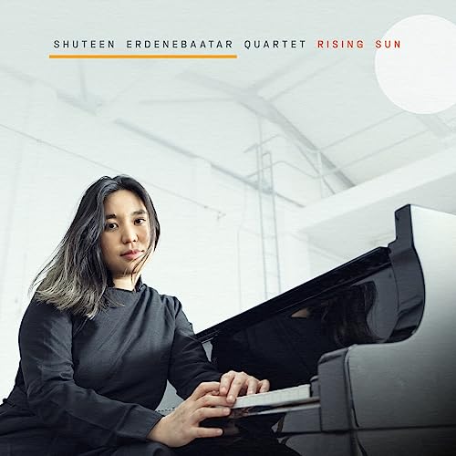 Woman at a piano with a rising sun graphic on a white background.