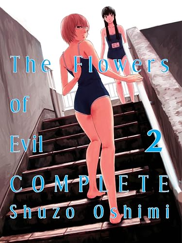 Two young women in swimsuits on concrete stairs, manga cover.