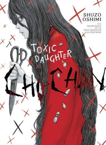 Illustration of a young woman in red holding scissors and a knife.