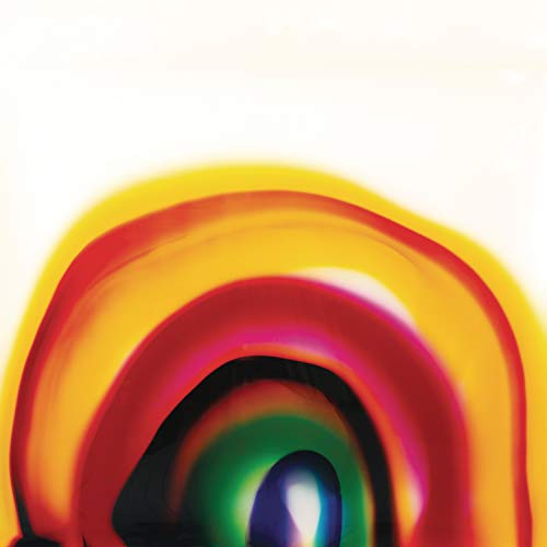 Abstract album cover with swirling, colorful bands of red, yellow, and green.