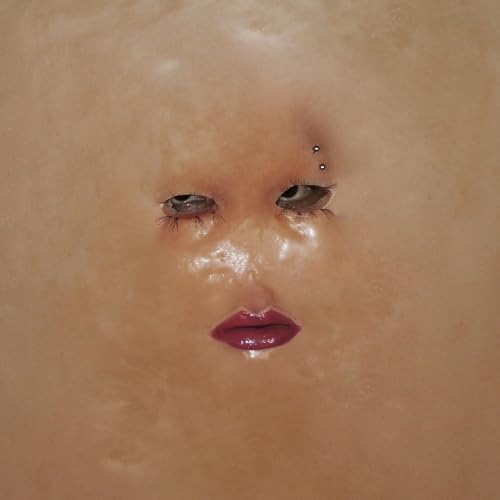 Close-up of a person’s face with pierced eyebrows and glossy lips.
