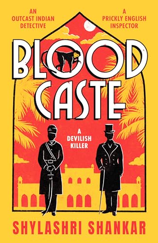 Book cover: "Blood Caste" with a silhouetted monkey and figures in colonial dress.