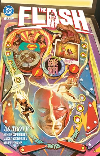 The Flash comic book cover designed as a pinball machine featuring DC superheroes.