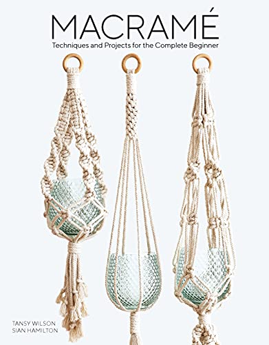 Book cover: "Macramé Beginner" with images of knotted plant hangers.