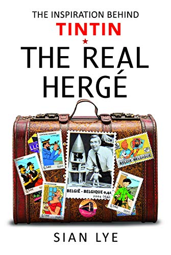Book cover featuring a vintage suitcase covered in Tintin-themed postage stamps and Hergé photos.
