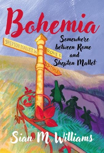 Book cover with a painted signpost, figures, and floral details.