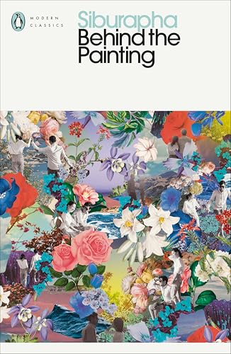 Book cover: “Behind the Painting” with collage of figures and flowers.