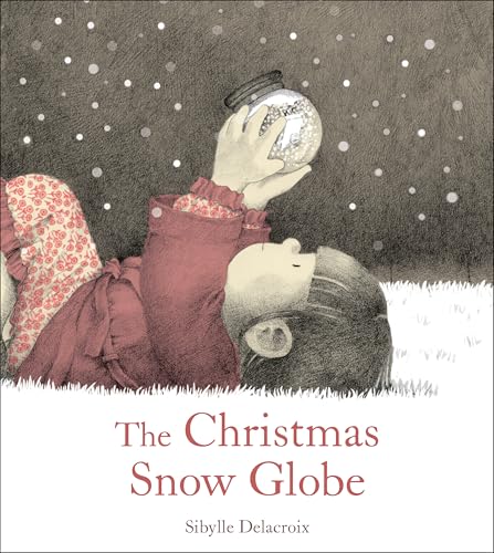 Child looking up at a snow globe with falling snowflakes.