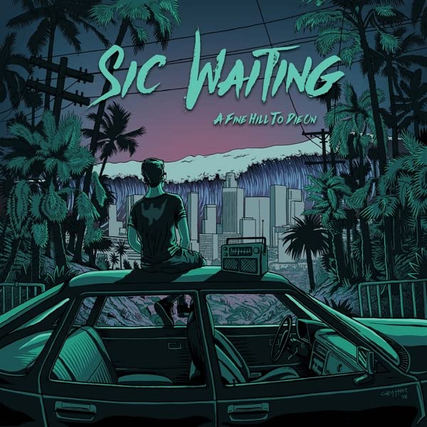 Illustration of a person with a boombox on a car overlooking a city.
