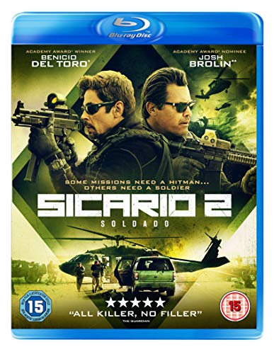 Sicario 2: Soldado Blu-ray cover featuring Benicio Del Toro and Josh Brolin.
