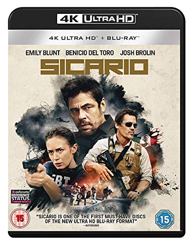 Sicario 4K Ultra HD Blu-ray cover featuring Emily Blunt, Benicio del Toro, and Josh Brolin.