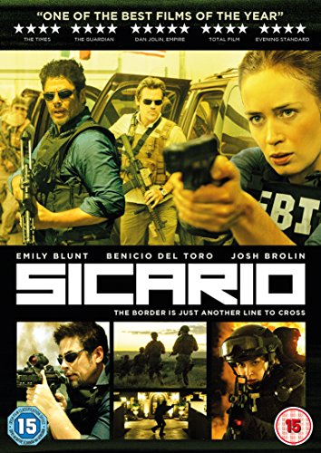 "Sicario DVD cover featuring actors holding guns, with action scenes and ratings."