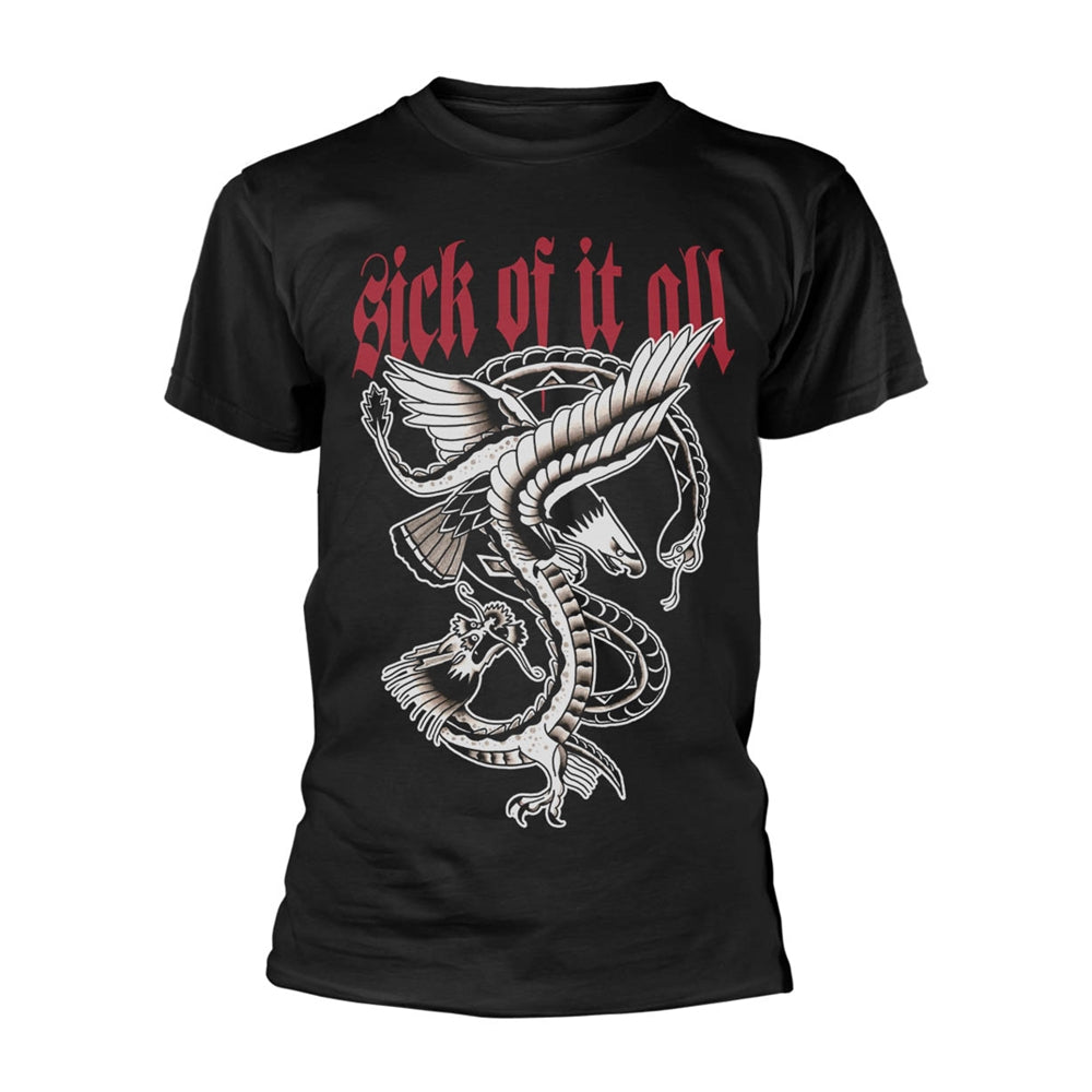 Black t-shirt with white eagle and snake graphic, "Sick of it All" text.