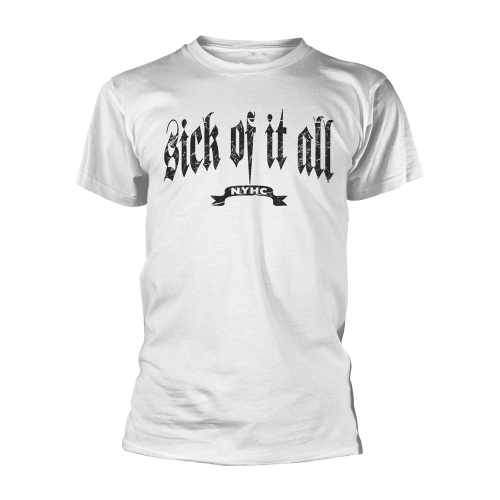 White t-shirt with black "Sick of It All" band logo and "NYHC" banner.