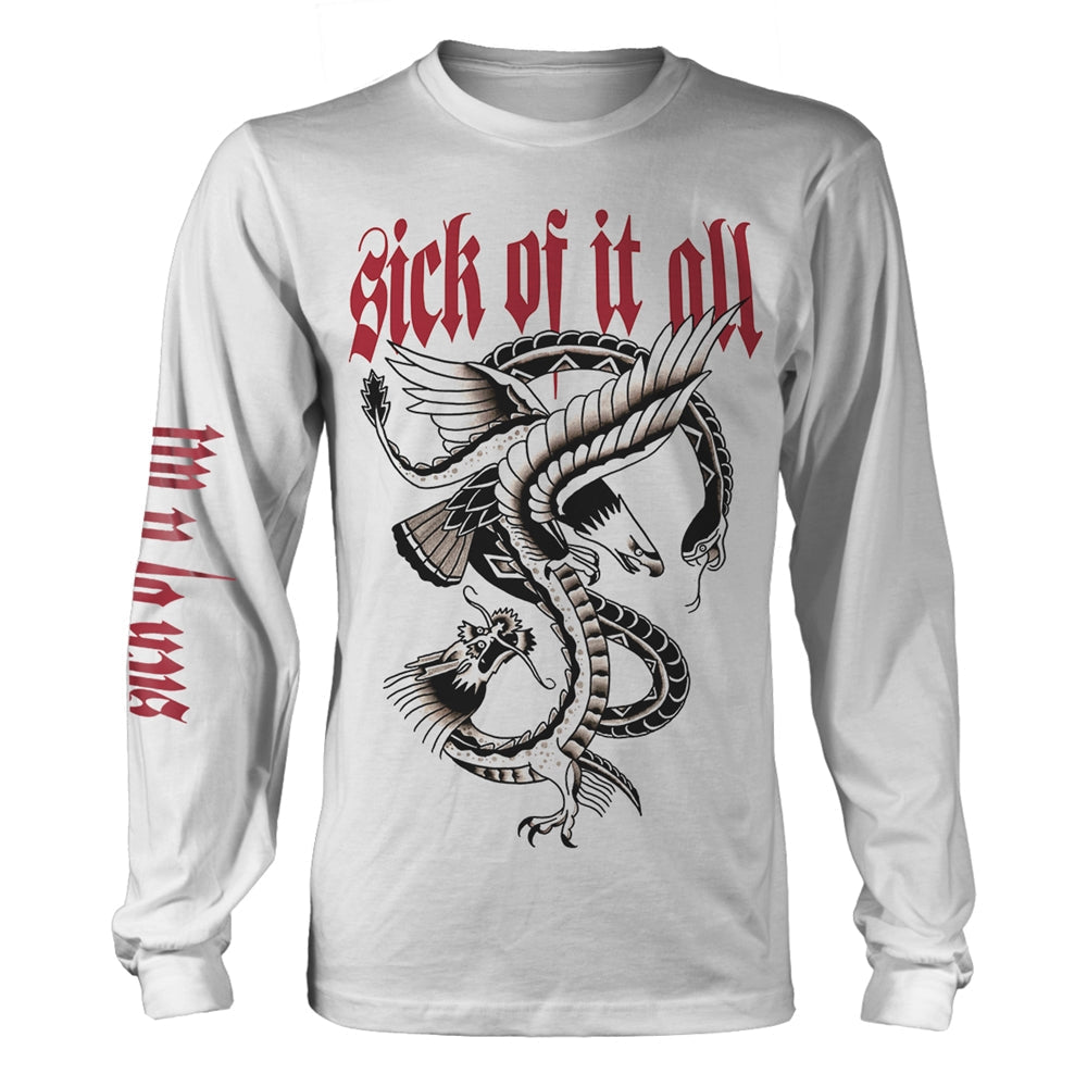 White long sleeve t-shirt with eagle and snake tattoo design.