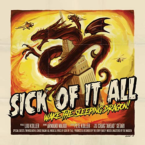 Album cover with a dragon wrapping around a building, surrounded by aircraft.