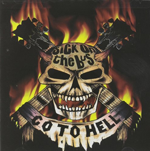 Skull with guitars and flames, text on skull and banner, dark background.