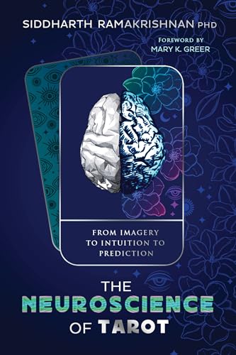 Book cover: brain imagery with tarot cards, dark blue floral background.