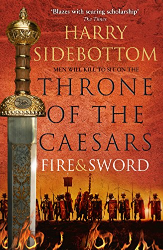 Book cover: Roman sword and helmet on fiery orange background.