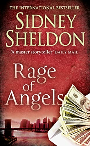Book cover: “Rage of Angels” by Sidney Sheldon, with money and city skyline.