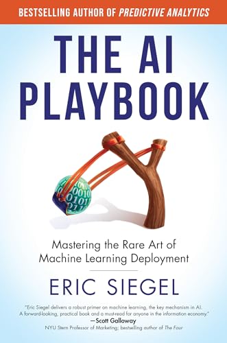 Book cover: "The AI Playbook" with a slingshot launching a binary code sphere.