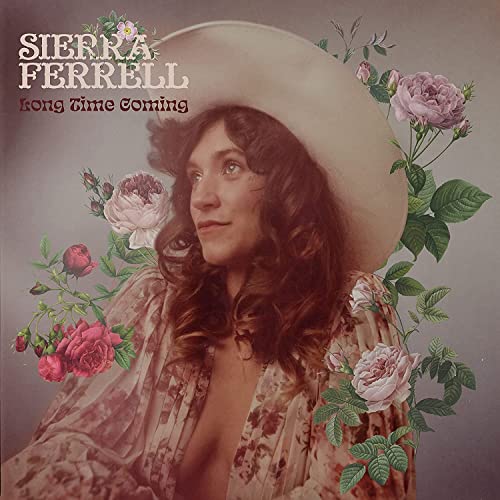 Sierra Ferrell wearing a wide-brimmed hat surrounded by illustrations of pink and red roses.