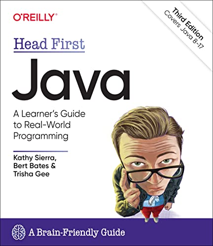 Book cover: "Head First Java," illustrated with a man in glasses.