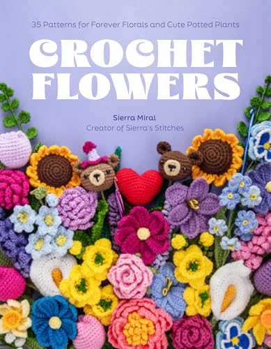 Book cover featuring colorful crocheted flowers, plants, and animal characters.