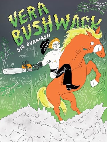 Illustration of a person with a chainsaw riding an orange horse.