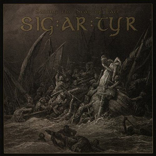 Dark engraving of a Viking longship battle scene, album cover.