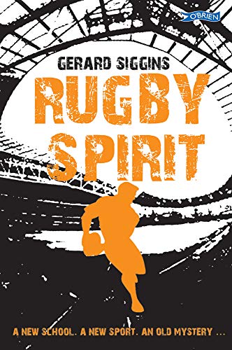 Book cover: orange text "RUGBY SPIRIT" over a rugby ball and player silhouette.