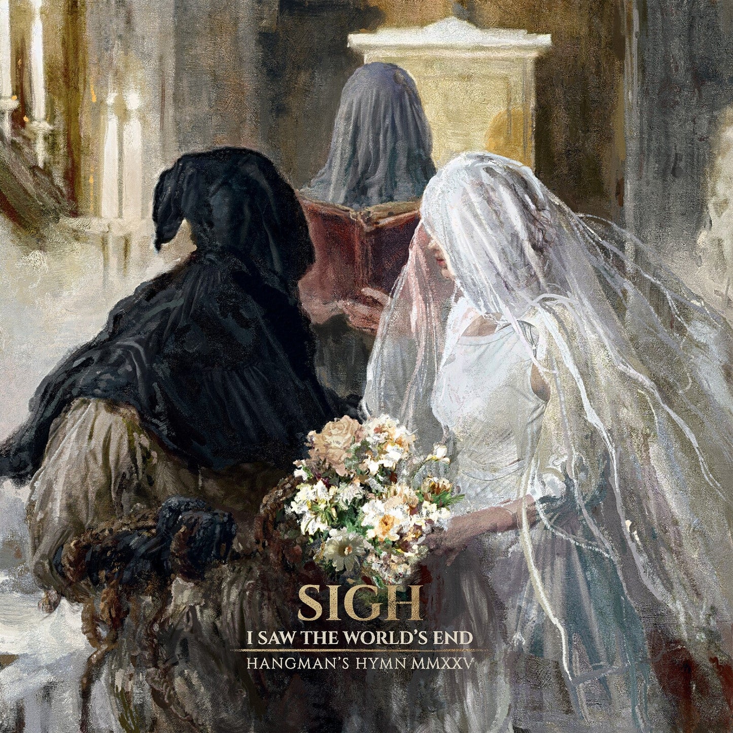 Painting of a veiled bride and mourning figures in a dark, gothic setting.