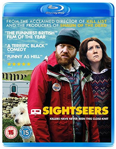 Blu-ray cover for Sightseers featuring a man in a red jacket and a woman.