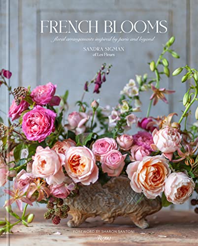Book cover titled French Blooms featuring a lush arrangement of pink and peach roses.