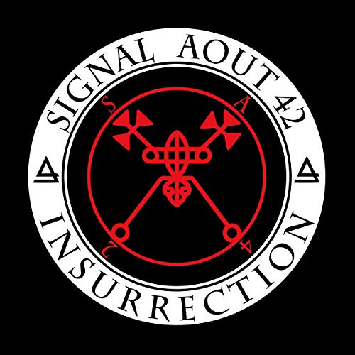 Black and white circular logo with red demonic sigil and text.