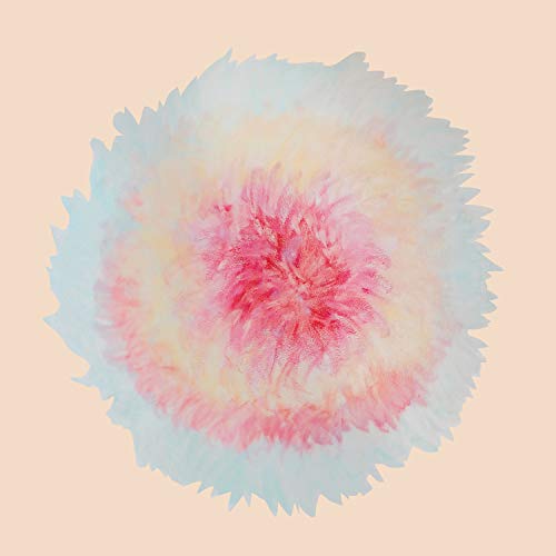 The image depicts a vinyl record with a pink and blue tie-dye design on a peach background. Alt text: Pink and blue tie-dye vinyl record on a peach background.